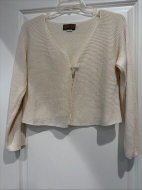 ZUZA BART Cream V-Neck Knit Linen Open Front Cottage Core Cardigan, size L
